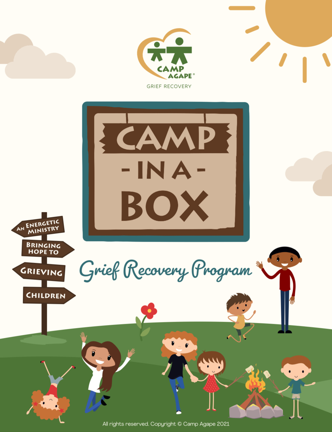 Camp in a Box program cover — illustrated children playing on a green hill beside the wooden Camp in a Box sign, with the Camp Agape Grief Recovery logo above.
